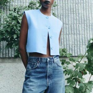Zara Light Blue Cropped Button Vest